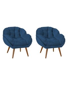 Kit 2 Poltronas Decorativa Ágata Prime Veludo Azul Marinho Base Fixa em Madeira Maciça