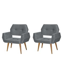 Kit 2 Poltronas Decorativa Breda Prime Veludo Cinza Base Fixa em Madeira Maciça