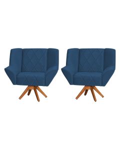 Kit 2 Poltronas Decorativa Dimitri Prime Veludo Azul Marinho Base Giratória em Madeira Maciça