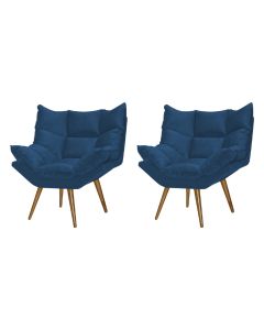 Kit 2 Poltronas Decorativa Luxor Prime Veludo Azul Marinho Base Fixa em Madeira Maciça