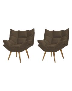 Kit 2 Poltronas Decorativa Luxor Prime Veludo Marrom Base Fixa em Madeira Maciça