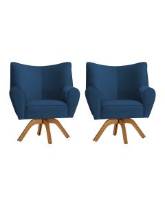 Kit 2 Poltronas Decorativa Nice Prime Veludo Azul Marinho Base Giratória em Madeira Maciça