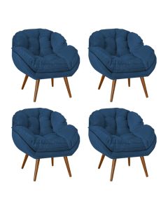 Kit 4 Poltronas Decorativa Ágata Prime Veludo Azul Marinho Base Fixa em Madeira Maciça