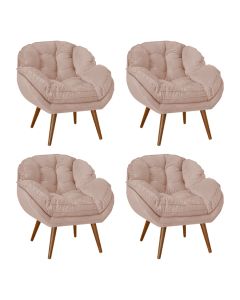 Kit 4 Poltronas Decorativa Ágata Prime Veludo Rose Base Fixa em Madeira Maciça