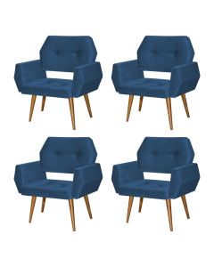 Kit 4 Poltronas Decorativa Breda Prime Veludo Azul Marinho Base Fixa em Madeira Maciça