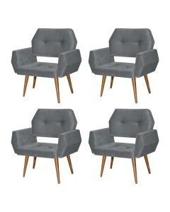 Kit 4 Poltronas Decorativa Breda Prime Veludo Cinza Base Fixa em Madeira Maciça