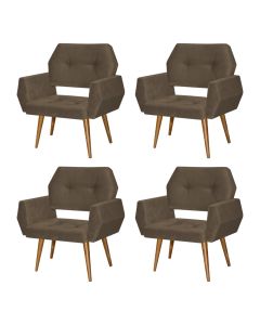 Kit 4 Poltronas Decorativa Breda Prime Veludo Marrom Base Fixa em Madeira Maciça