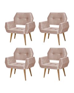 Kit 4 Poltronas Decorativa Breda Prime Veludo Rose Base Fixa em Madeira Maciça