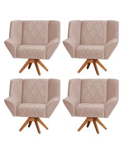 Kit 4 Poltronas Decorativa Dimitri Prime Veludo Rose Base Giratória em Madeira Maciça