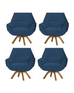 Kit 4 Poltronas Decorativa Havana Prime Veludo Azul Marinho Base Giratória em Madeira Maciça