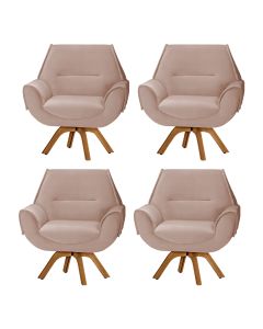 Kit 4 Poltronas Decorativa Havana Prime Veludo Rose Base Giratória em Madeira Maciça