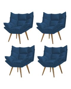 Kit 4 Poltronas Decorativa Luxor Prime Veludo Azul Marinho Base Fixa em Madeira Maciça