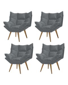 Kit 4 Poltronas Decorativa Luxor Prime Veludo Cinza Base Fixa em Madeira Maciça