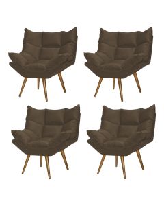 Kit 4 Poltronas Decorativa Luxor Prime Veludo Marrom Base Fixa em Madeira Maciça