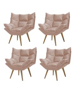 Kit 4 Poltronas Decorativa Luxor Prime Veludo Rose Base Fixa em Madeira Maciça