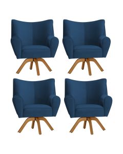 Kit 4 Poltronas Decorativa Nice Prime Veludo Azul Marinho Base Giratória em Madeira Maciça