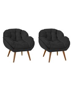 Kit 2 Poltronas Decorativa Ágata Prime Veludo Preto Base Fixa em Madeira Maciça