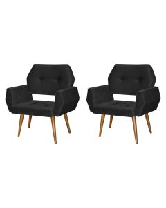 Kit 2 Poltronas Decorativa Breda Prime Veludo Preto Base Fixa em Madeira Maciça