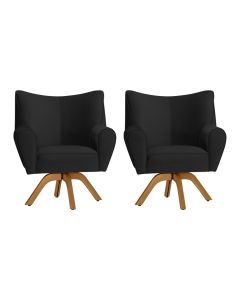 Kit 2 Poltronas Decorativa Nice Prime Veludo Preto Base Giratória em Madeira Maciça