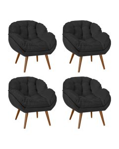 Kit 4 Poltronas Decorativa Ágata Prime Veludo Preto Base Fixa em Madeira Maciça