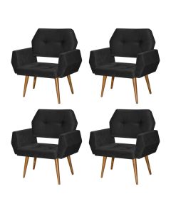 Kit 4 Poltronas Decorativa Breda Prime Veludo Preto Base Fixa em Madeira Maciça