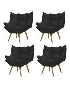 Kit 4 Poltronas Decorativa Luxor Prime Veludo Preto Base Fixa em Madeira Maciça